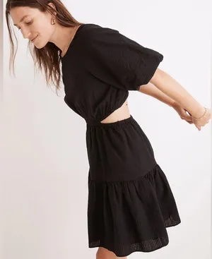 Madewell Seersucker Puff-Sleeve Cutout Mini Dress in Black size Medium thumbnail 2
