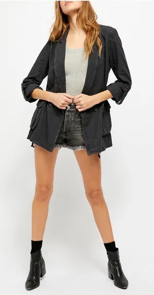 Free People Black Utility Charly Blazer Jacket Double Breasted Cargo Pocket L thumbnail 1