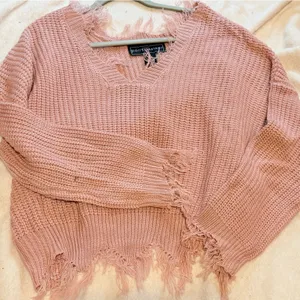 Polly & Esther Pink V-Neck Frayed Sweater size large colored pink thumbnail 3