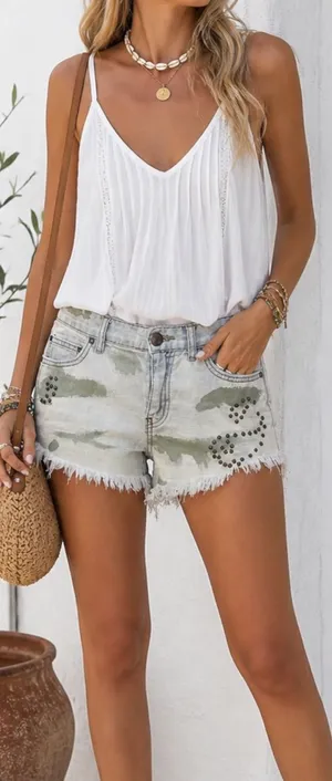 Free People |EUC 100% Cotton Boho Olive Camo Studded Distressed Denim Shorts (27 thumbnail 1
