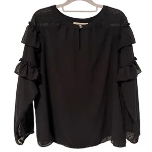 Loft Swiss‎ Dot Layered Ruffle Long Sleeve Keyhole Blouse Black Chiffon Small thumbnail 1