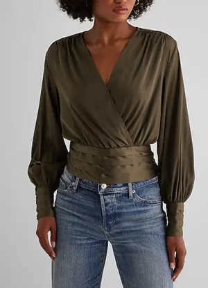 Satin V-Neck Balloon Sleeve Faux Wrap Top thumbnail 1