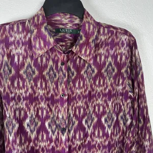 LAUREN Ralph Lauren‎ Womens Medium Silk Cotton Button Up Shirt Purple Ikat Print thumbnail 2