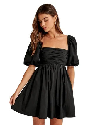 Abercrombie - Black Puff Sleeve Mini Square Neck Babydoll Fit Flare Dress Sz XS thumbnail 1