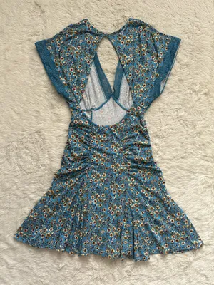 Free People Sweet Talker Mini Dress Short Sleeve V-neck Floral Blue Sz S thumbnail 3