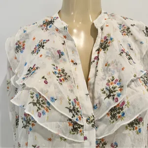 Zara Floral Chiffon Blouse Sz L Sheer Long Sleeves Top Ruffle thumbnail 4