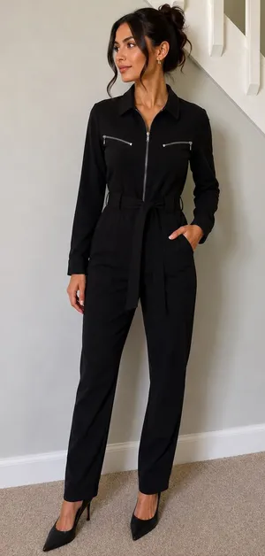 Findi Women's Black Long-Sleeve Zip Front Jumpsuit with Waist Tie thumbnail 1