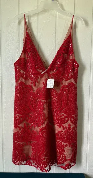 Free People Red Sequin Lace Mini Dress V-Neck Spaghetti Strap Cocktail Size 2 thumbnail 1