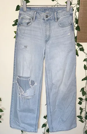 American Eagle Strigid Distressed Super High Rise Baggy Wide Leg Ankle Jeans thumbnail 1