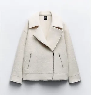 Zara Biker Jacket Women Medium White Boucle Asymmetric Zip Oversized Minimalist thumbnail 1
