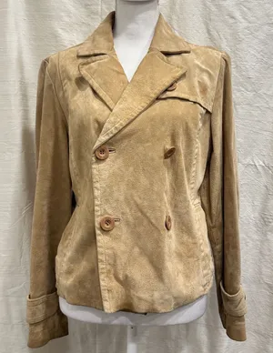 Y2K Live a Little Tan Suede Leather Double Breasted Pea Coat Jacket Small Preppy thumbnail 1
