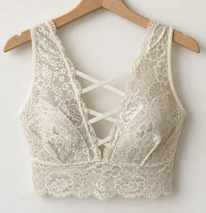 Candie's Lace Bralette Women Medium Ivory Strappy V Neck Wireless Intimates Sexy thumbnail 1