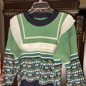 Green Blue Crew Neck Sweater with Geometric Pattern Retro Style thumbnail 1