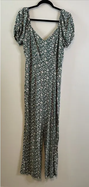 As You Wish XL Teal Floral Wide Leg Jumpsuit Puff Sleeve Boho Romper‎ thumbnail 1