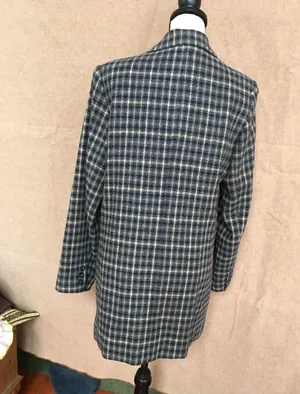 Eddie Bauer Wool Check Long Blazer Jacket Cream Navy Blue M Academia thumbnail 5