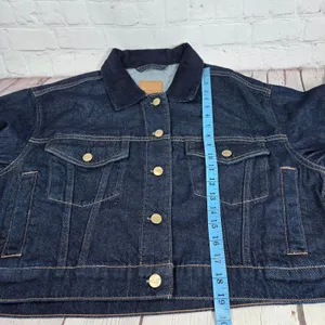 American Eagle‎ Womens Denim Jacket Dark Wash Corduroy Collar Cropped Size L thumbnail 9