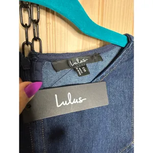 NWT Lulus Cataleya Dark Wash Denim Boat Neck Mini Dress Casual Weekend Size XS thumbnail 6