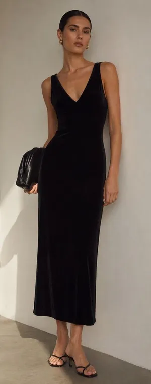 Vintage 90s minimalist stretch black velvet V-neck sleeveless midi dress. Small. thumbnail 1