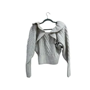 HM Cable Knit Ruffle Collar Sweater Wool Blend Cream Square Neck Small thumbnail 3