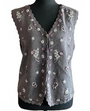 Vintage Segue Sweater Vest Medium Grey Floral Embroidered Fairycore thumbnail 1
