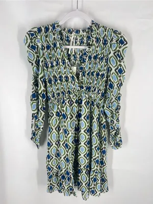 Anthropologie Navy and Cream Geometric Ruffle Mini Dress thumbnail 2