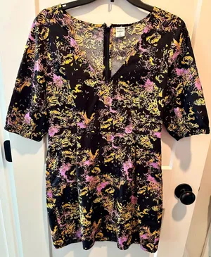 Melrose‎ and Market Womens Dress Black Purple and Gold V-Neck Lightweight Medium thumbnail 1