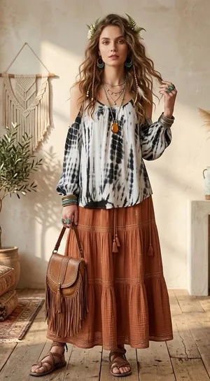 Elan Woman’s Boho White/Black Tie Dye Cold Shoulder Peek-A-Boo Blouse Top Size M thumbnail 1