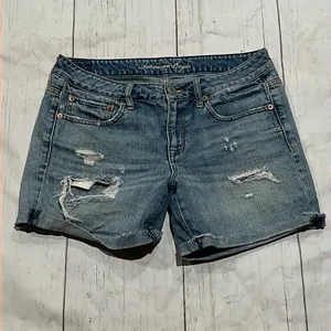American eagle blue distressed denim shorts thumbnail 2