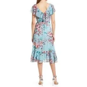 Eliza J V-Neck‎ Ruffled Printed Metallic Clip Chiffon Dress Size 2 thumbnail 3