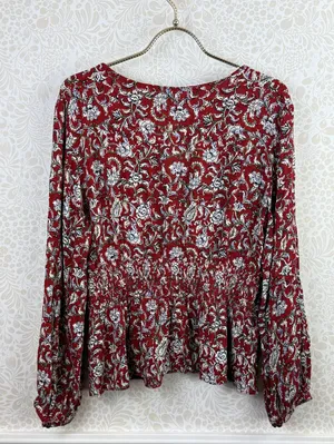 Feather Bone by Anthropologie Red Latrobe Floral Smocked Peplum Top - Size - 14 thumbnail 3