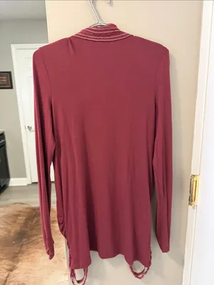 BKE Boutique Buckle Burgundy Fringe Duster Cardigan M thumbnail 7