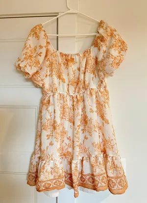 Orange Floral Puff Sleeved Dress thumbnail 2