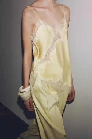 Zara Lace-Trim Satin Cami Top in Pale Butter Yellow thumbnail 5