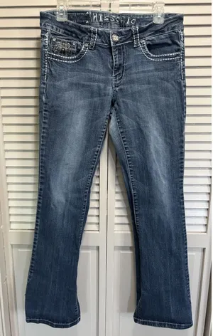 Y2K Miss Chic Low Rise Bootcut Jeans‎ Sz 9 Thick Stitch Rhinestone Embroidered thumbnail 1