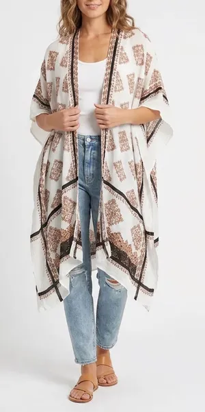 Modena Womens One Size Medallion Print Viscose Kimono Wrap White Rust Black thumbnail 1