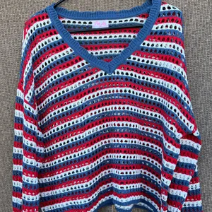 Pink Lily red, white, and blue striped crochet knit sweater top women’s Sz L thumbnail 1