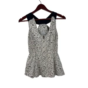 Girls from Savoy‎ Peplum Top Women Size 0 Cream Black Floral Halter Tie Back thumbnail 5