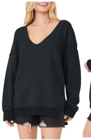 Free People Sweater Weather Dark Gray Oversized V-Neck Sweater thumbnail 1