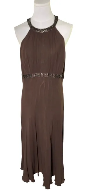 Jones New York Brown Silk Beaded Halter Maxi Dress Formal Evening Size 14 thumbnail 1