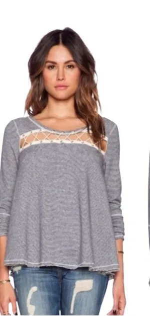 Free People grey and blue striped flowy long sleeve top thumbnail 1