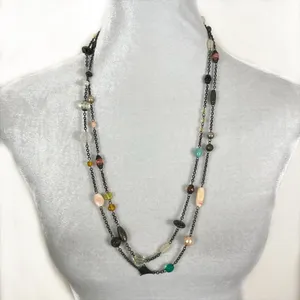 Multicolor Multi Shape Beaded Gold Tone Chain Long Layering Necklace Green thumbnail 1