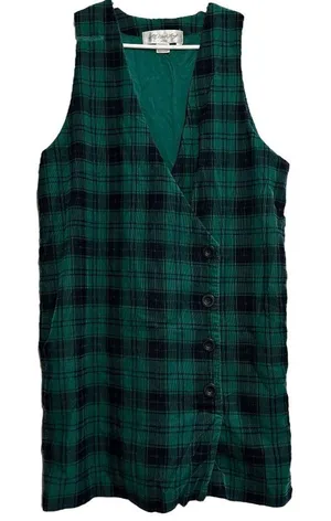 All Week Long Corduroy Dress 100% Cotton Wrap Button Up Gingham Plaid Green 8P thumbnail 1