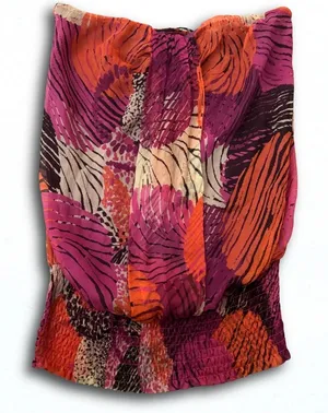 Silk Strapless Tube Top Pink Orange Abstract Print Smocked Hem Medium CMF10901 thumbnail 1