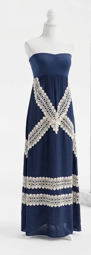 Judith March Navy Strapless Maxi Dress with Cream Lace thumbnail 1