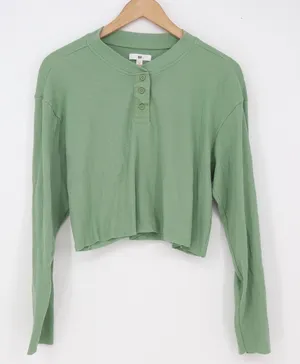 BP Top Womens S Henley Cropped Sage Green Waffle Knit Thermal Long Sleeve thumbnail 1
