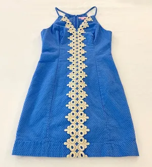 Lilly Pulitzer Alianna Shift Dress Women Blue Seersucker Lace Halter Cotton Sz 4 thumbnail 1