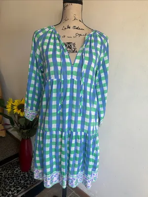 SZ Blockprints Priya Gingham Tiered Blue Green White Dress Size Small thumbnail 3