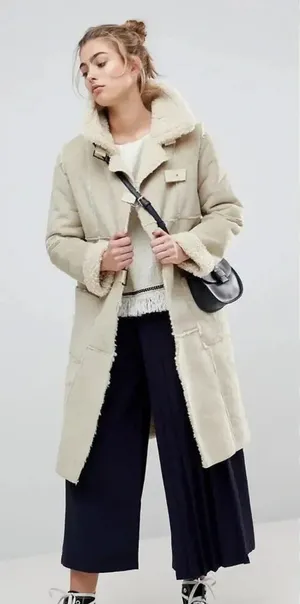 Moon River Borg Lined Duffle Coat Faux Suede Sherpa Penny‎ Lane Size Medium thumbnail 1