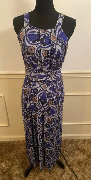 Anthropologie Maeve Auretta Maxi Dress Blue Geometric Summer Sleeveless Vacation thumbnail 1