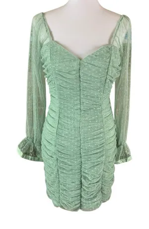 Haute Monde Mint Green Ruched Mesh Sleeve‎ Mini Dress L Y2K Romantic thumbnail 1